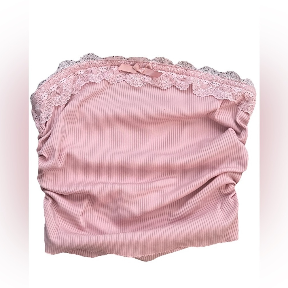 Shein ribbed lace trim w/bow ruched sides tube crop top Size M pink (0699)